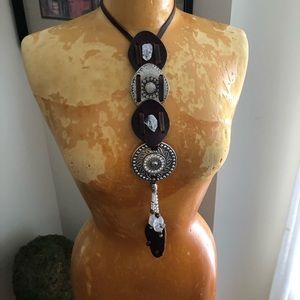 Artisan leather crystal statement necklace